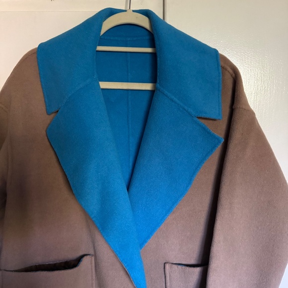 Essentiel Antwerp Reversible Camel Turquoise Wool Blend Wrap Coat Size 36 US 4 - Picture 4 of 16